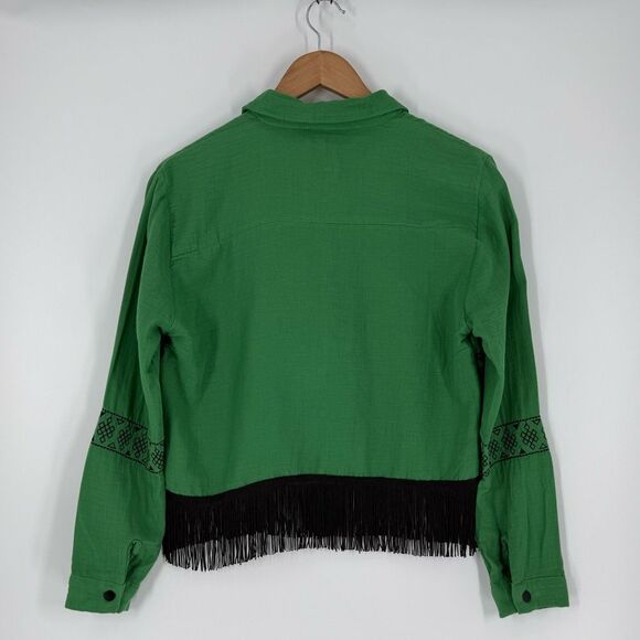 NWT Çizgin Button Front Fringe Hem Embroidered Blouse in Green | Medium - Picture 3 of 5